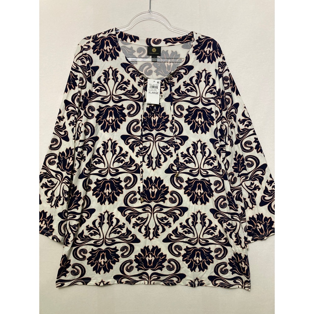 New JM Collection Stretch Knit Top XL Magnolia Damask Print Lace Up Blouse